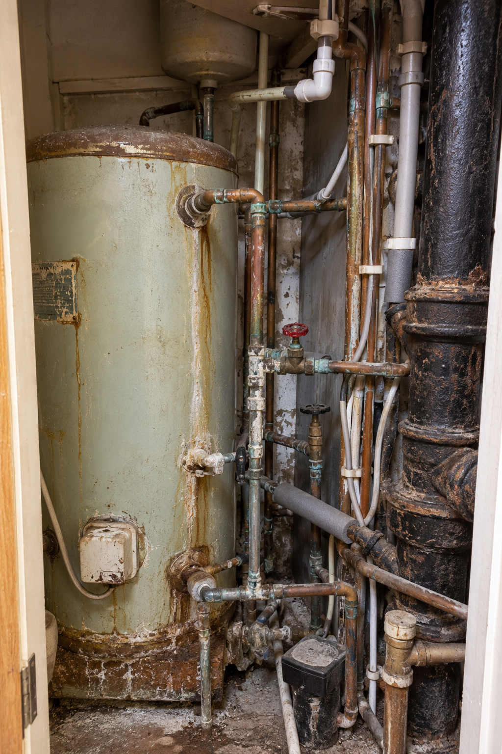 Ageing hot water cylinder with corroded pipe connections