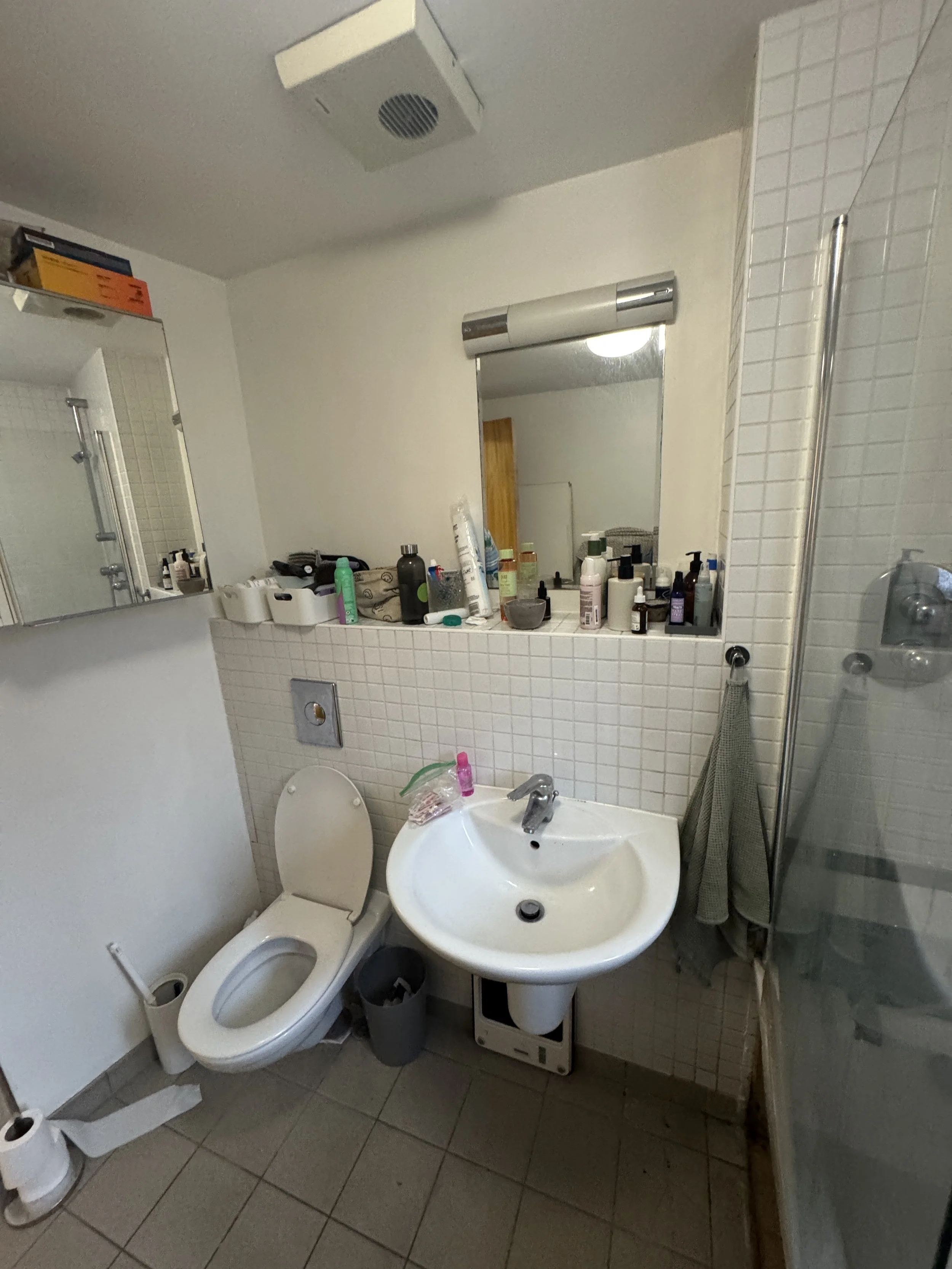 A small bathroom with a toilet, a white sink, a mirror above the sink, and a shower with glass doors. The counter has various toiletries, and a towel hangs on a hook near the shower.