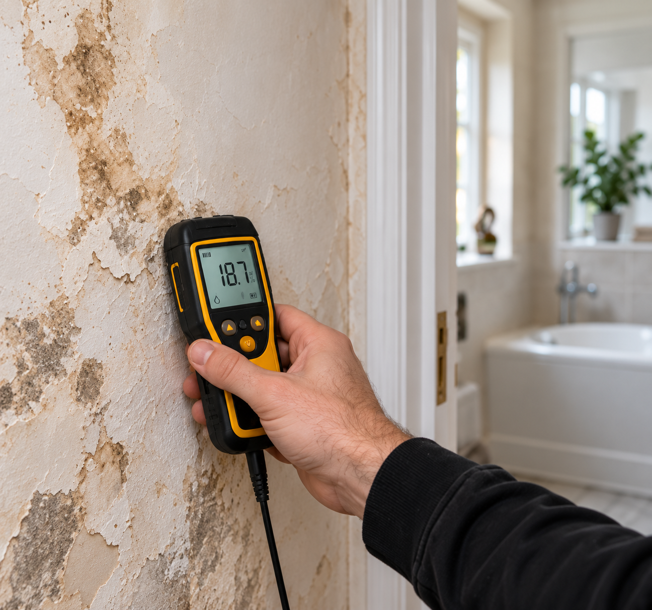 Moisture meter checking a water-damaged plaster wall beside a bathroom.