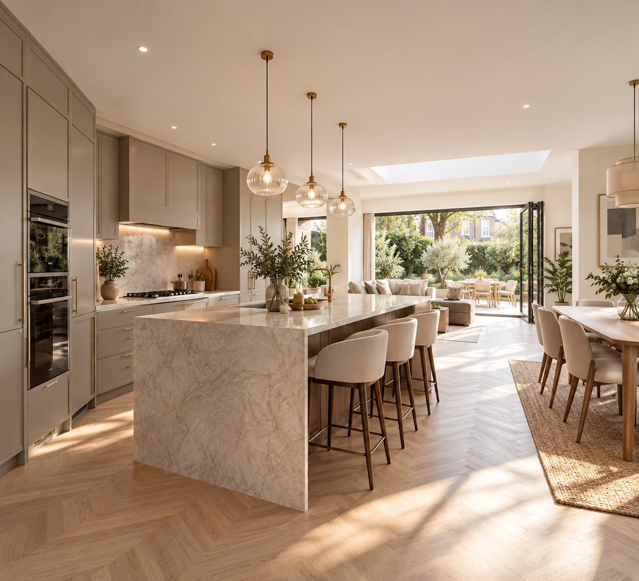 Reconfigured open-plan kitchen and living space after renovation