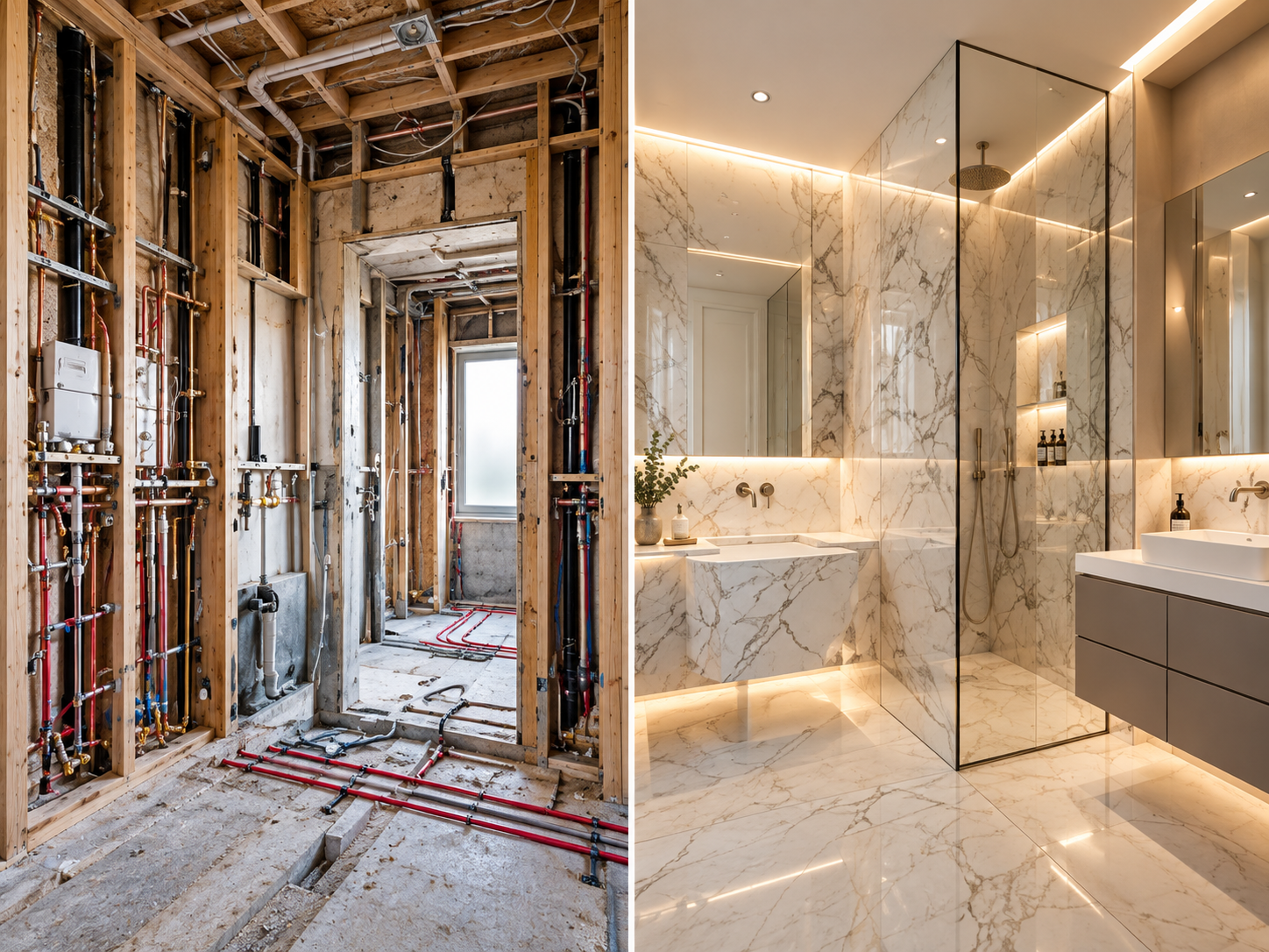 Before and after bathroom refurbishment showing concealed building services and the completed marble interior