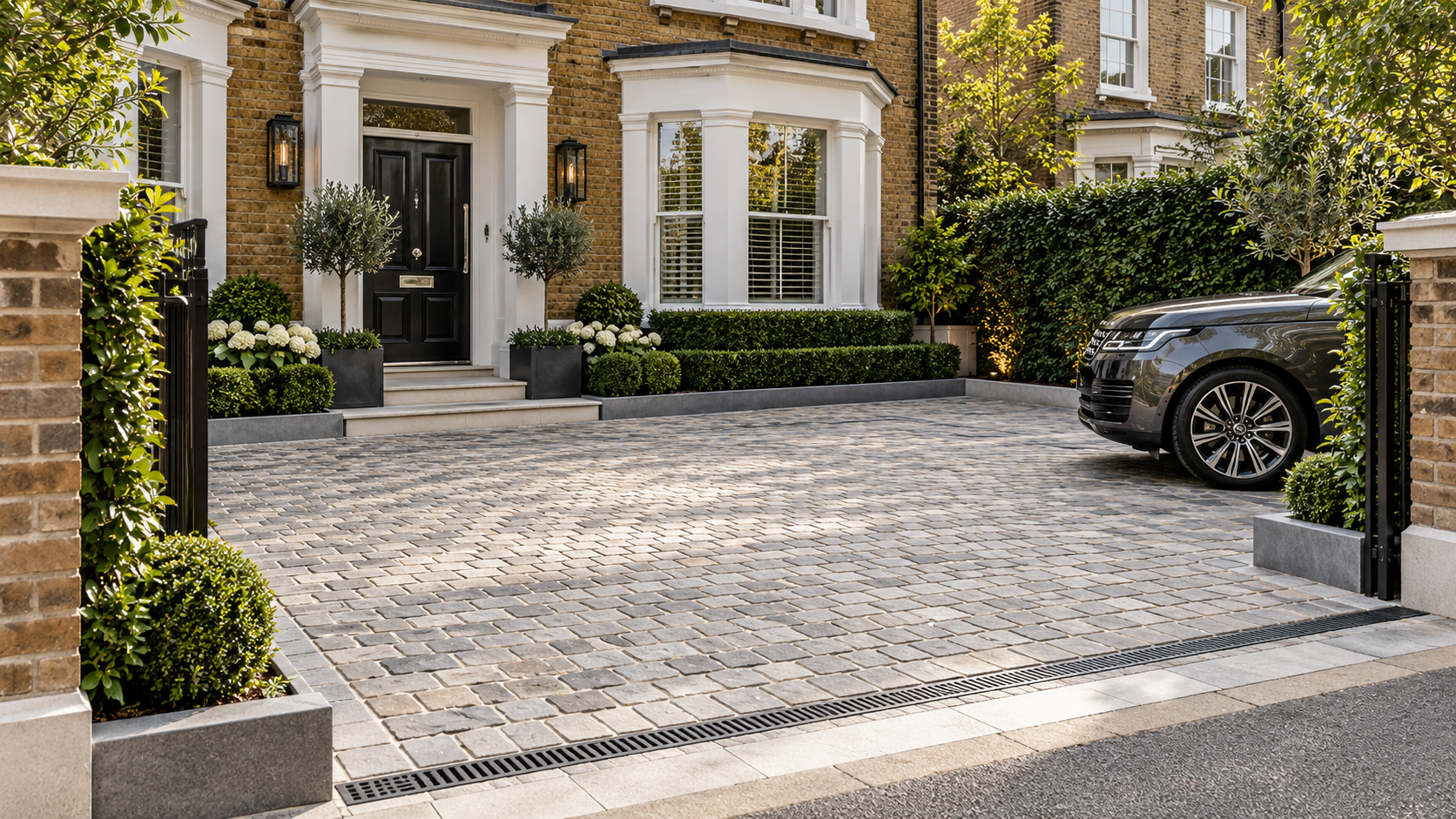 Residential driveway with permeable paving, drainage and landscaped entrance