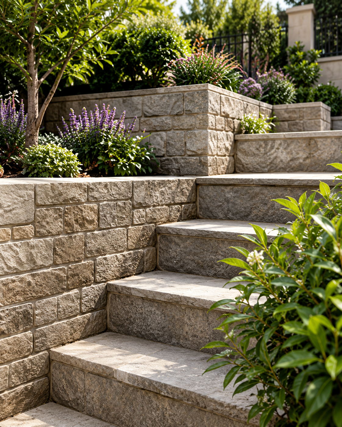 Stone retaining walls and steps within a landscaped residential garden