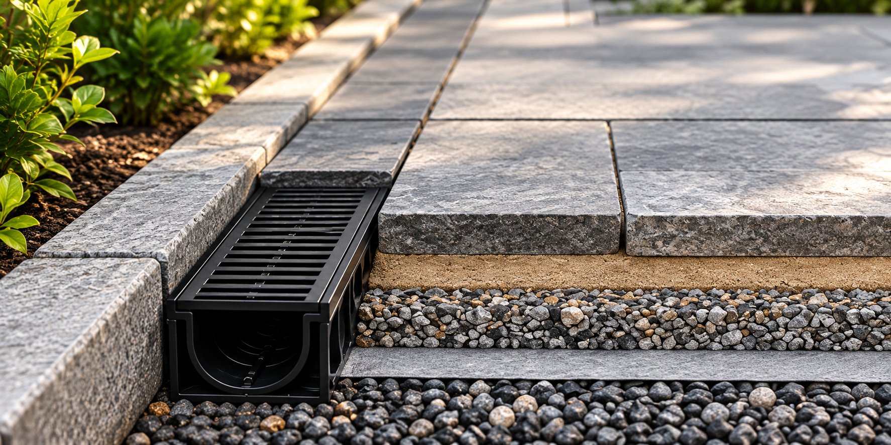 External paving build-up with linear drainage channel and prepared sub-base