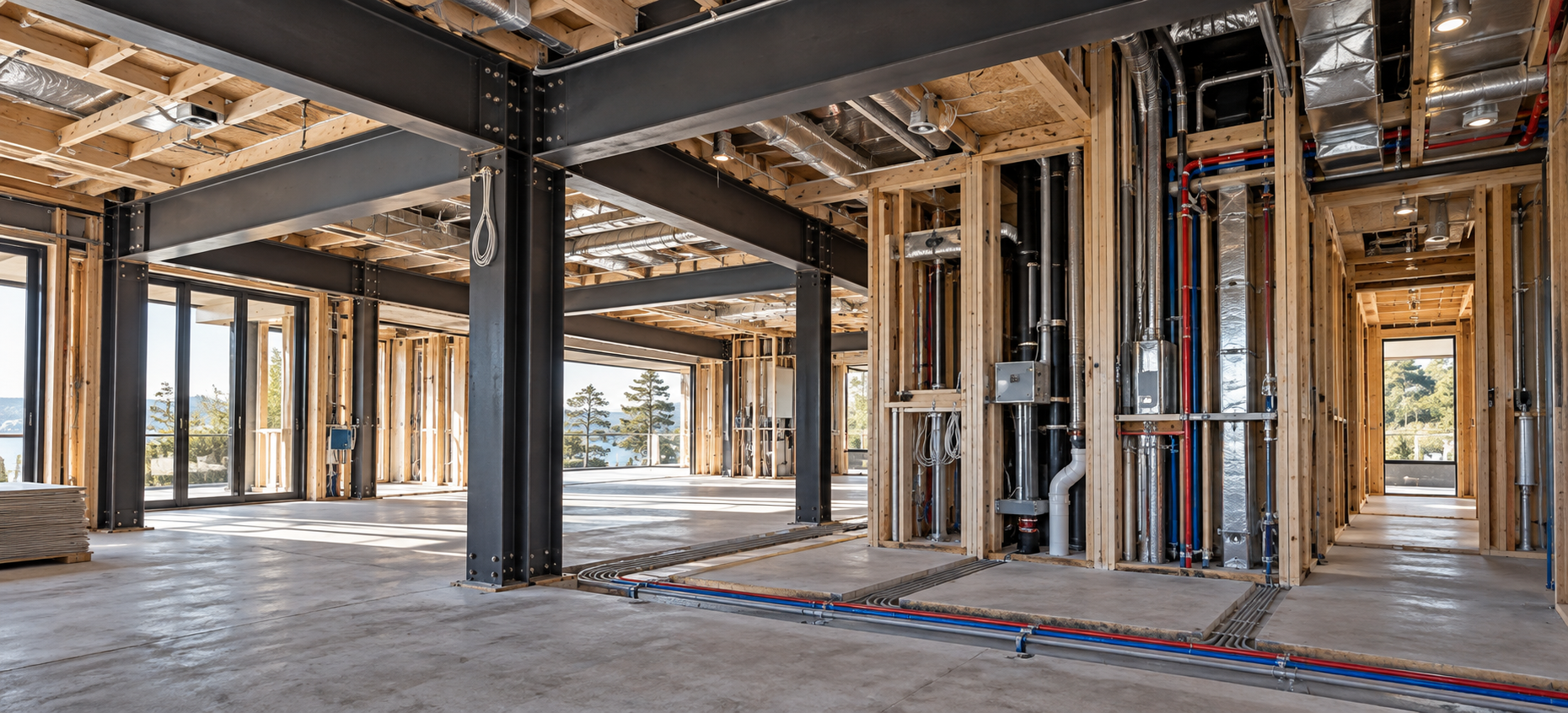 Residential refurbishment during structural steel and coordinated building services installation