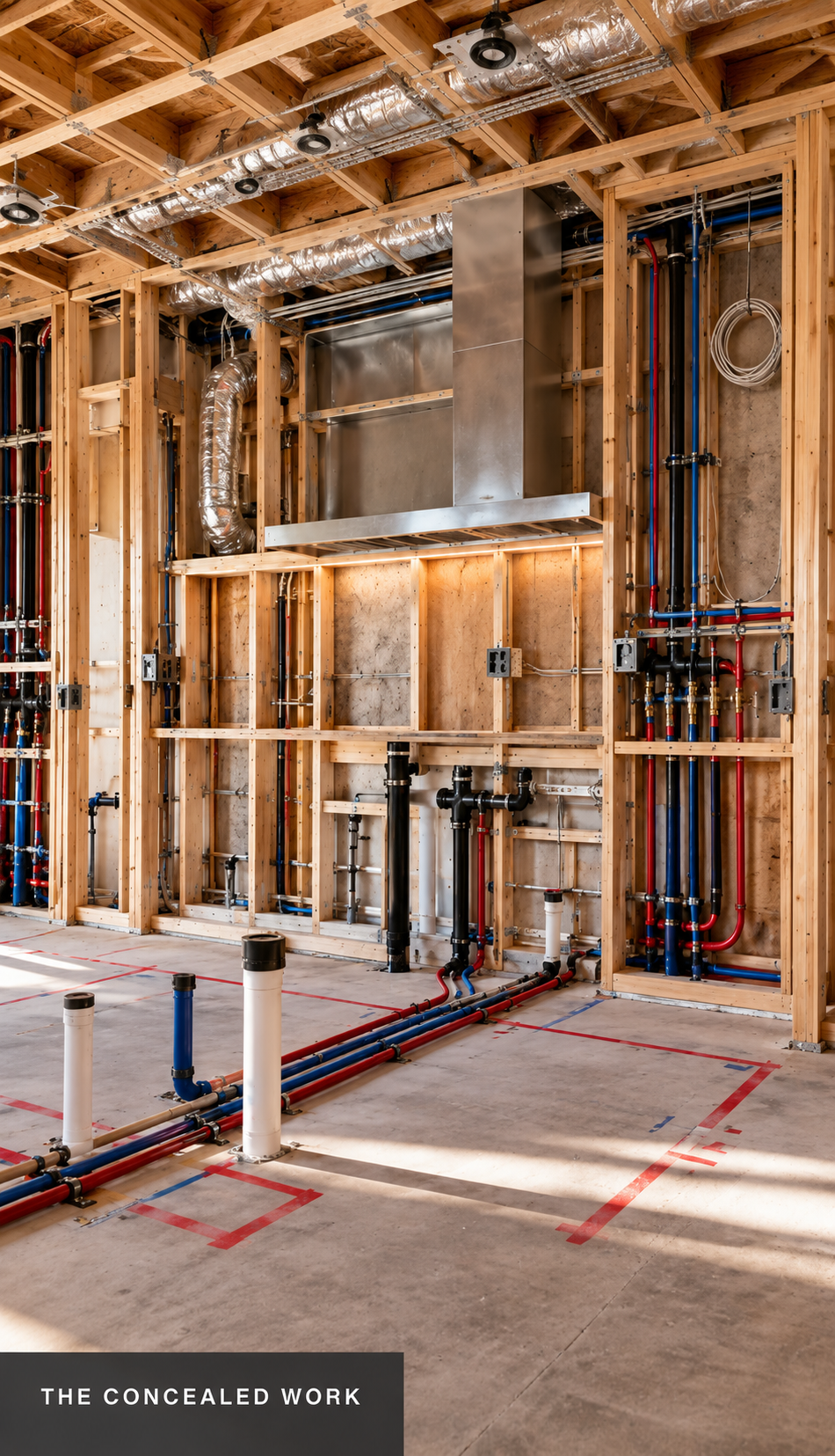 Exposed timber wall framing with coordinated plumbing and electrical first-fix installations