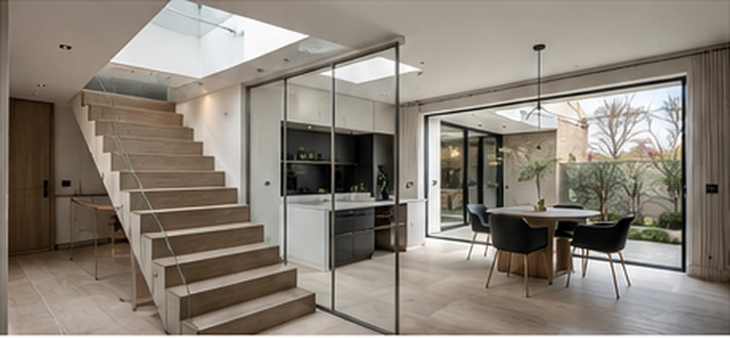 Open-plan residential extension with contemporary staircase, glass partition, kitchen and dining area in a London home.