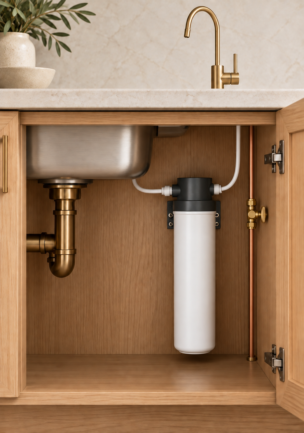 Under-sink drinking water filter with a dedicated brass tap