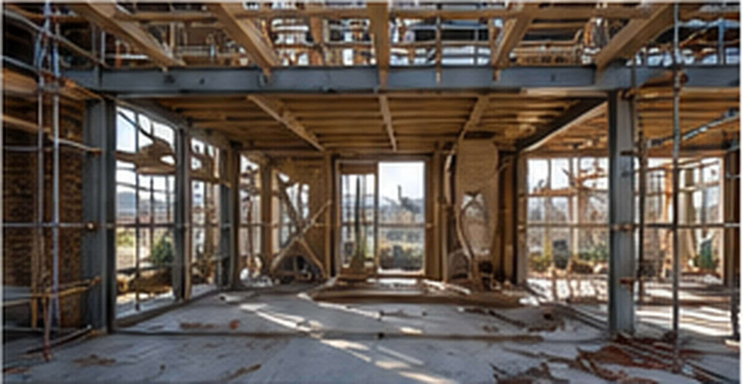 Major residential construction project showing structural framing and the building shell during works.