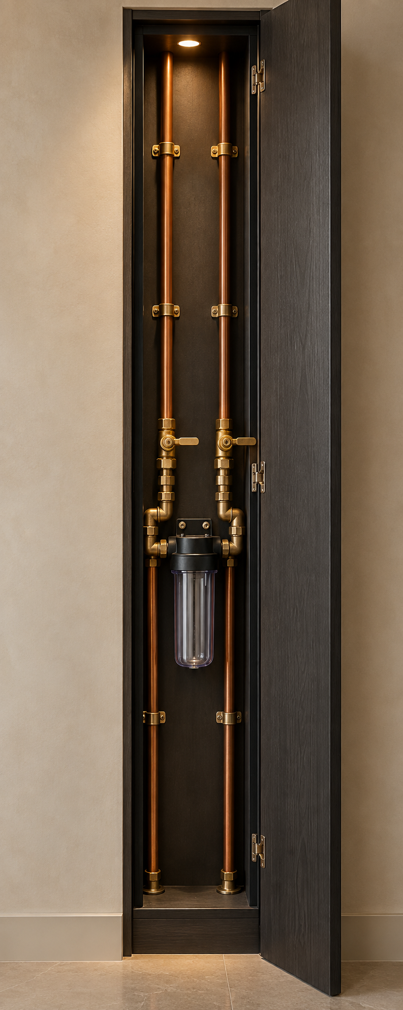 Service cupboard providing access to plumbing pipework and valves