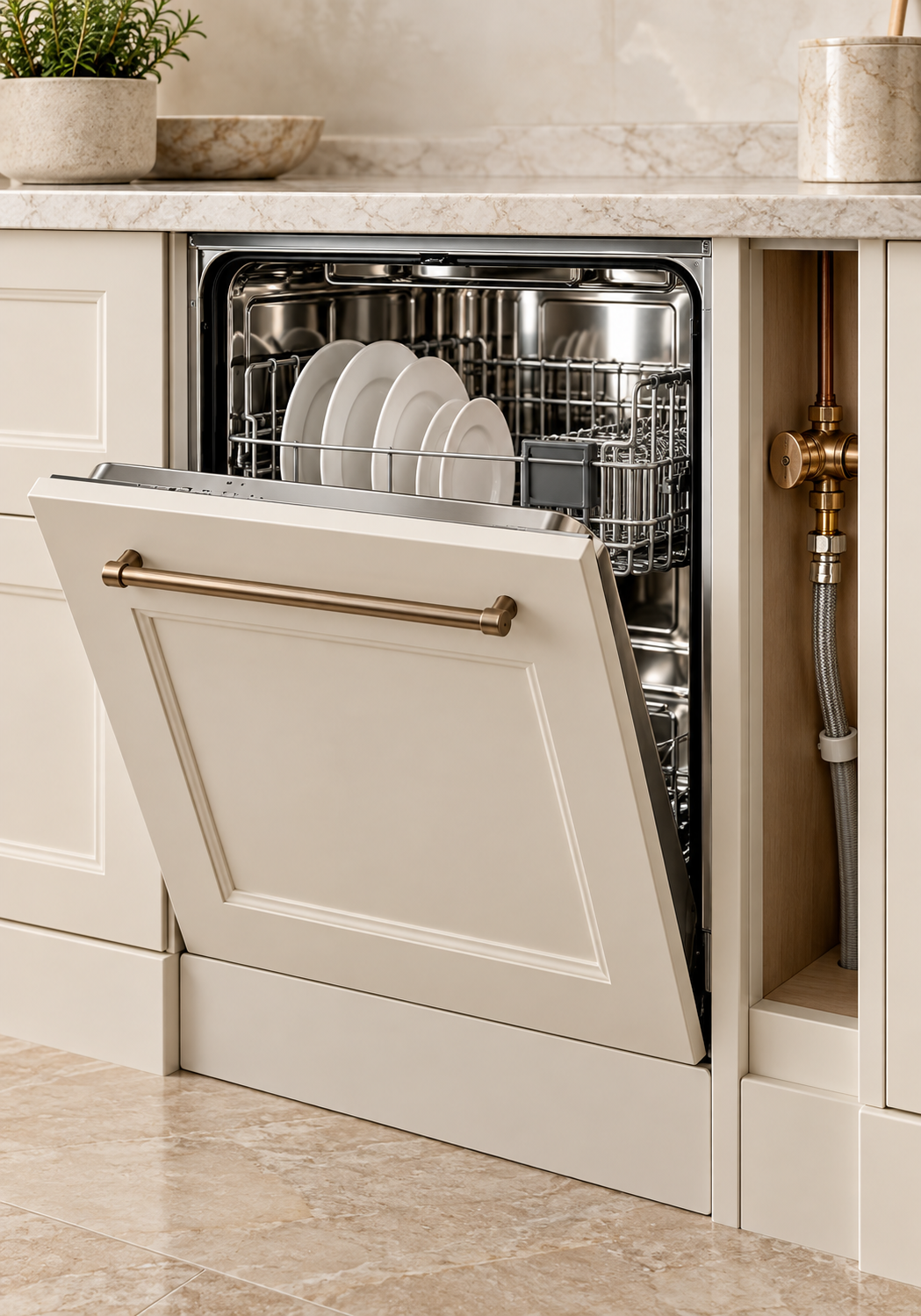 Integrated dishwasher beside an accessible water supply connection