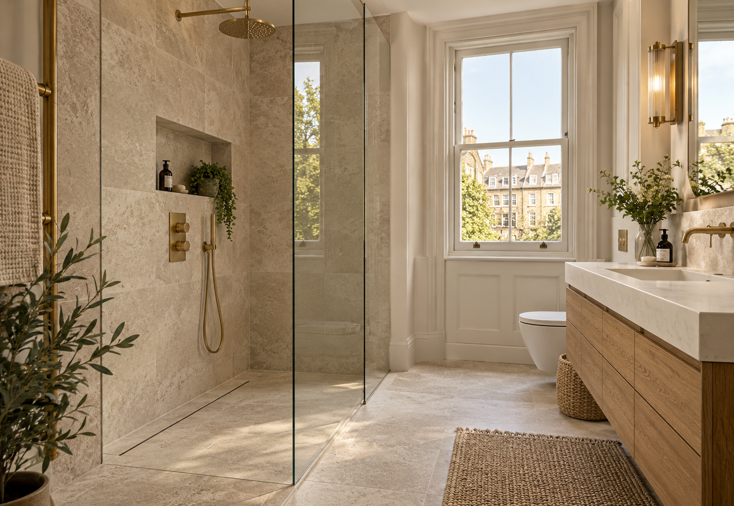 Walk-in shower with concealed brass controls and a wall-mounted oak vanity
