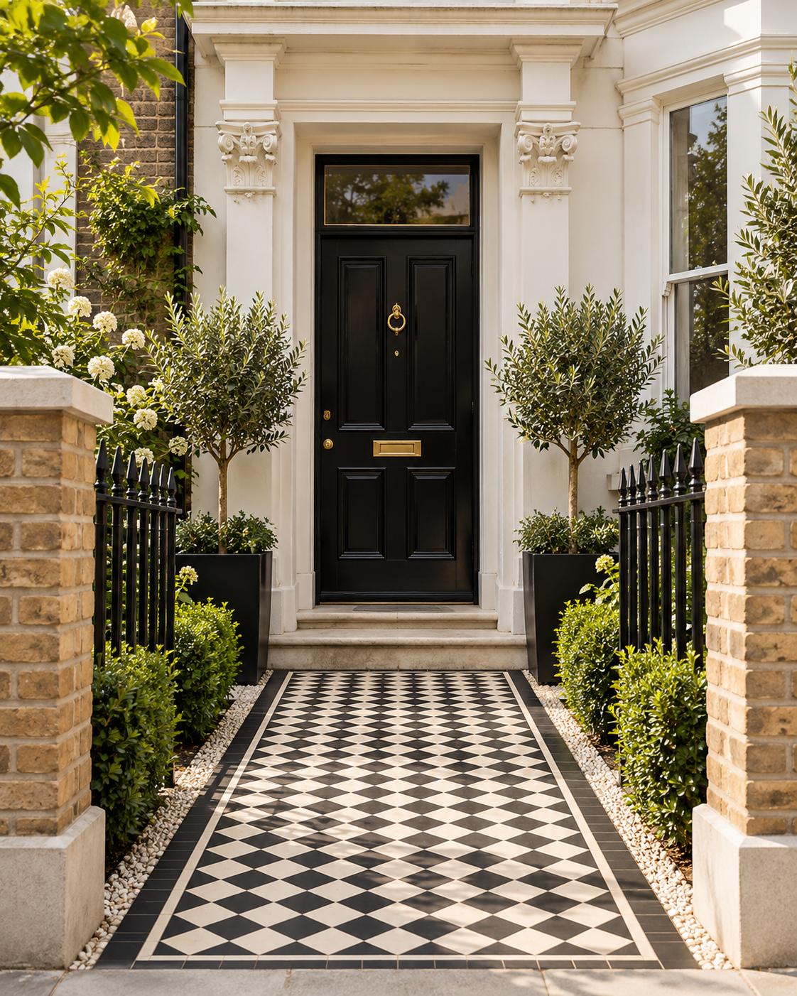 London townhouse entrance with tiled pathway, brick piers and black railings