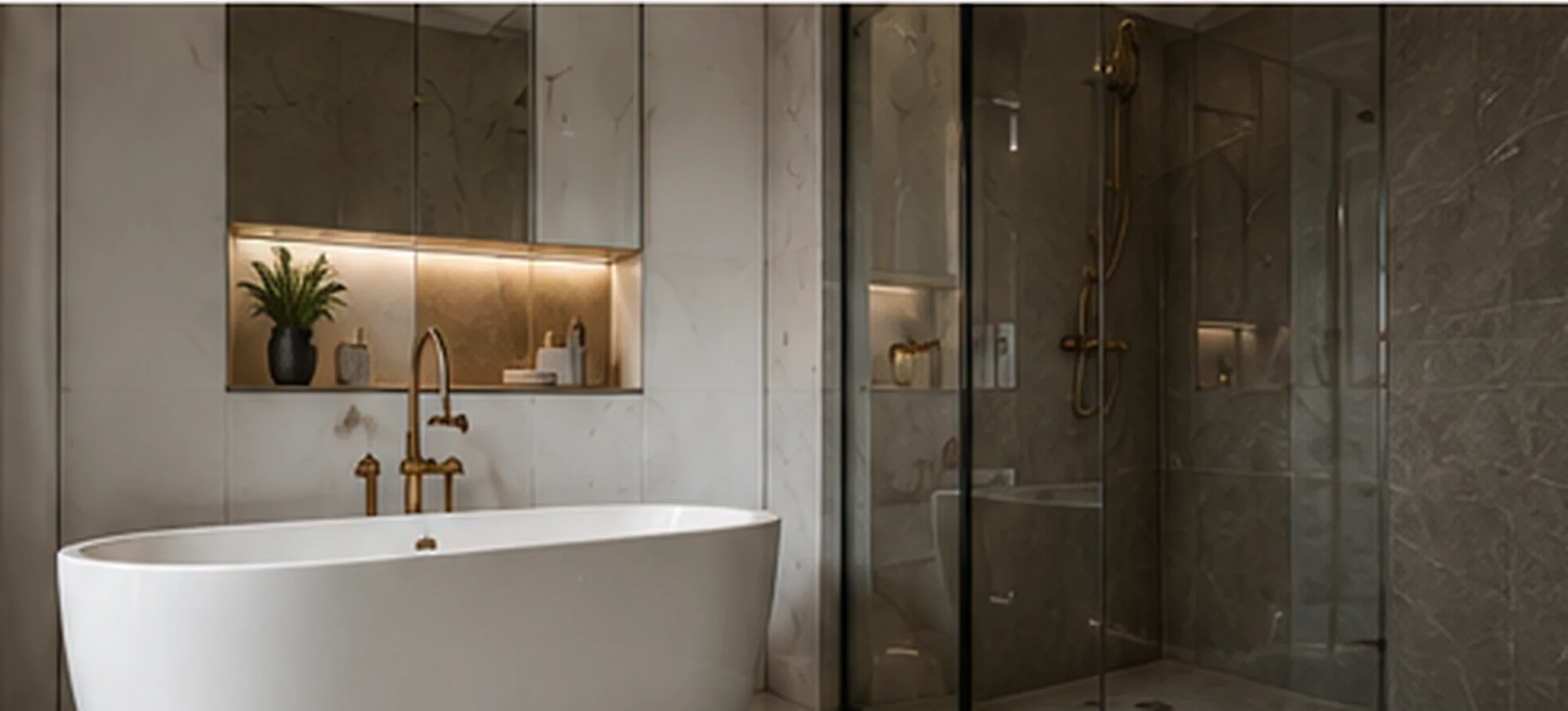 Luxury bathroom renovation with freestanding bath and walk-in shower built on carefully prepared foundations