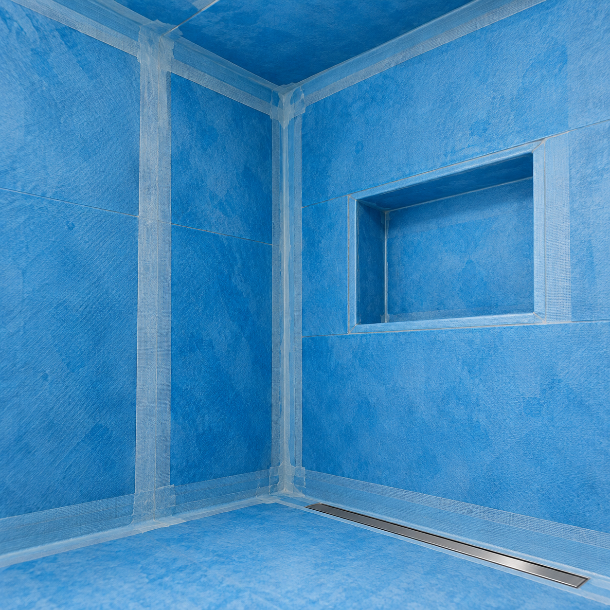 Fully tanked bathroom waterproofing system prepared before tiling