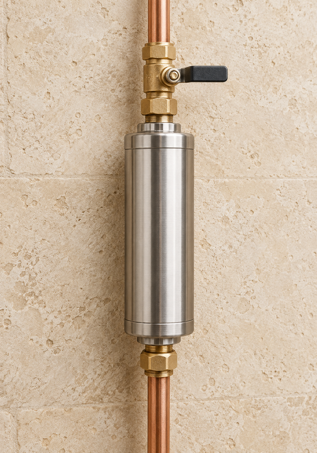 Inline scale-control device connected to copper water pipework