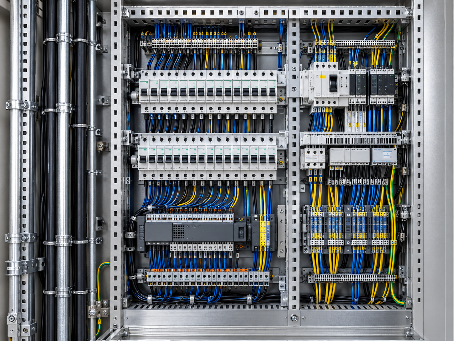 Residential electrical distribution and control systems installed within a coordinated services cabinet