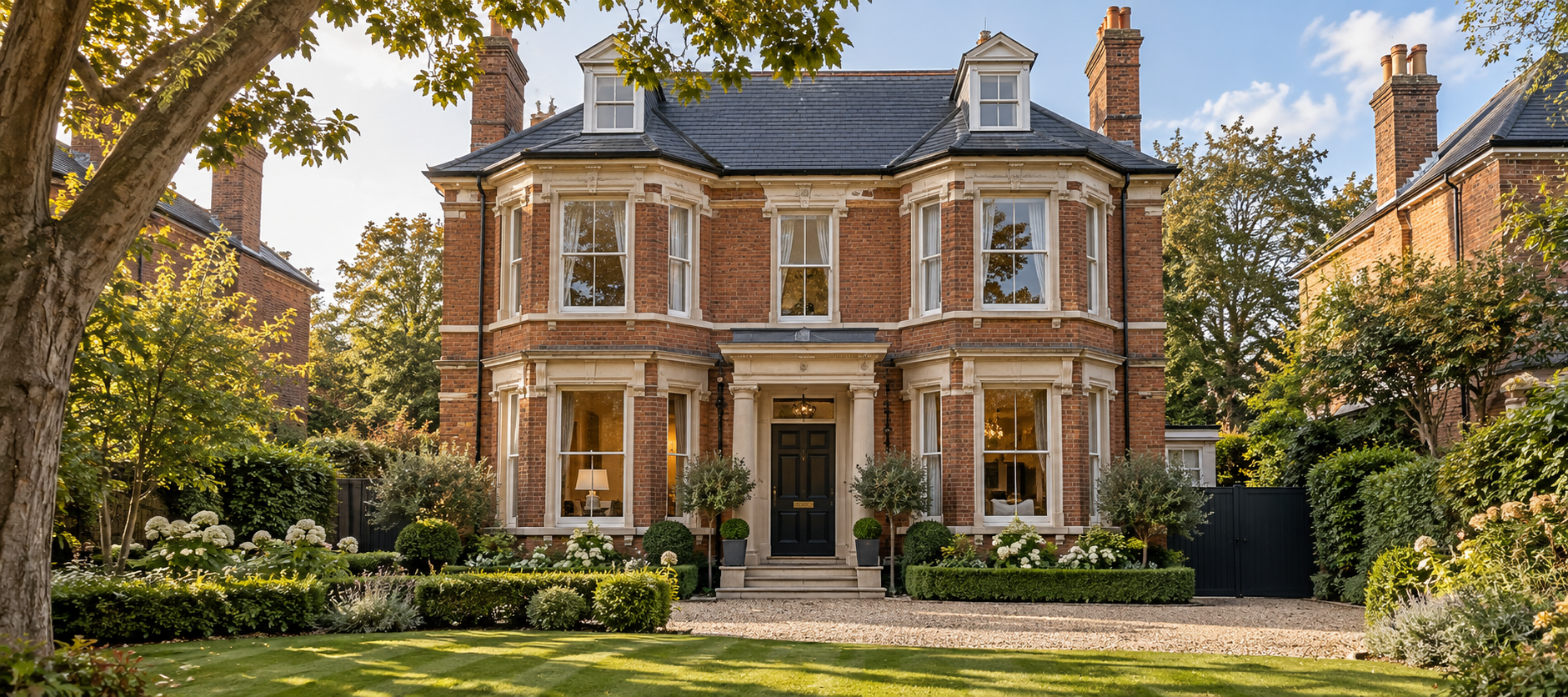 Brick period house with bay windows and a landscaped front garden