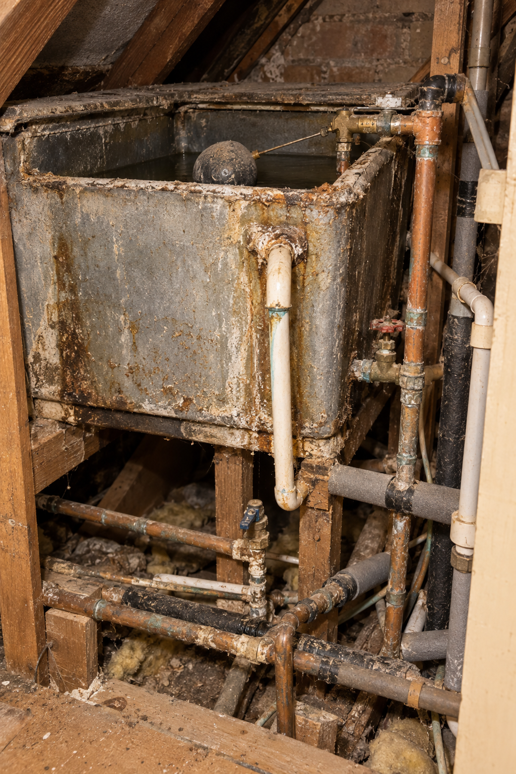 Cold water storage tank and pipework in a loft