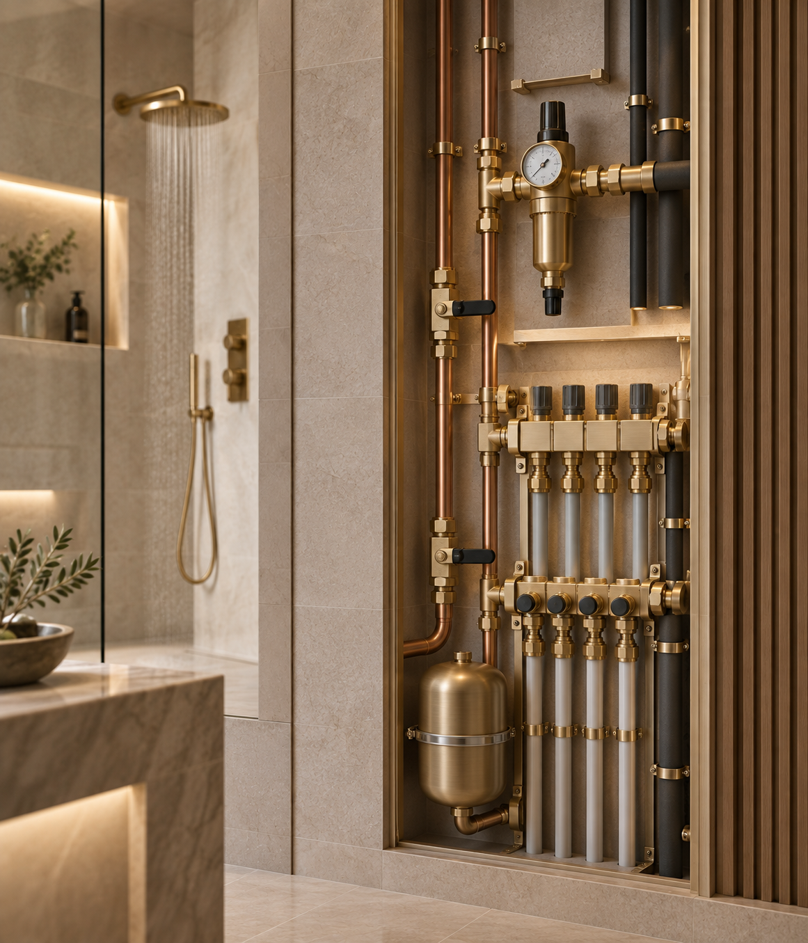Plumbing manifold and pipework behind bathroom fixtures