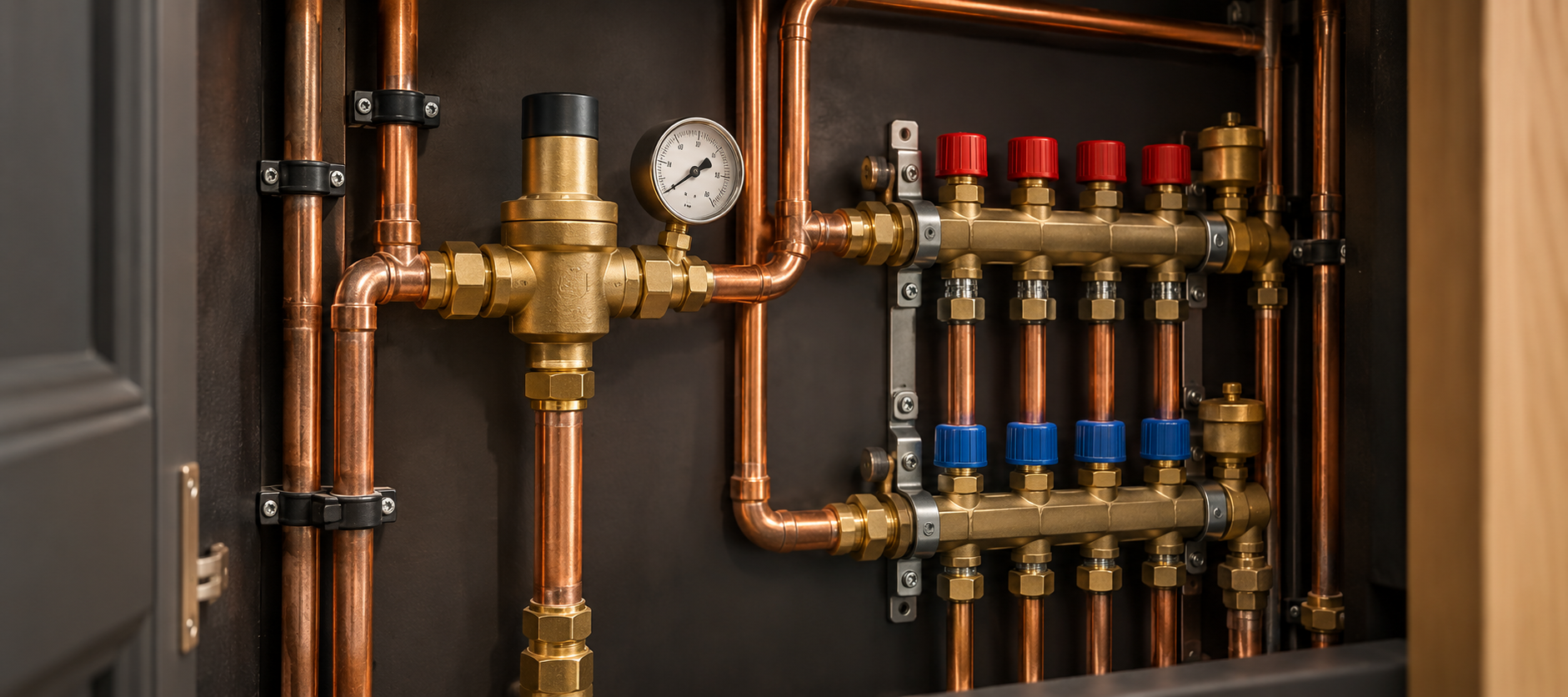 Copper pipework with a pressure gauge, control valve and distribution manifolds