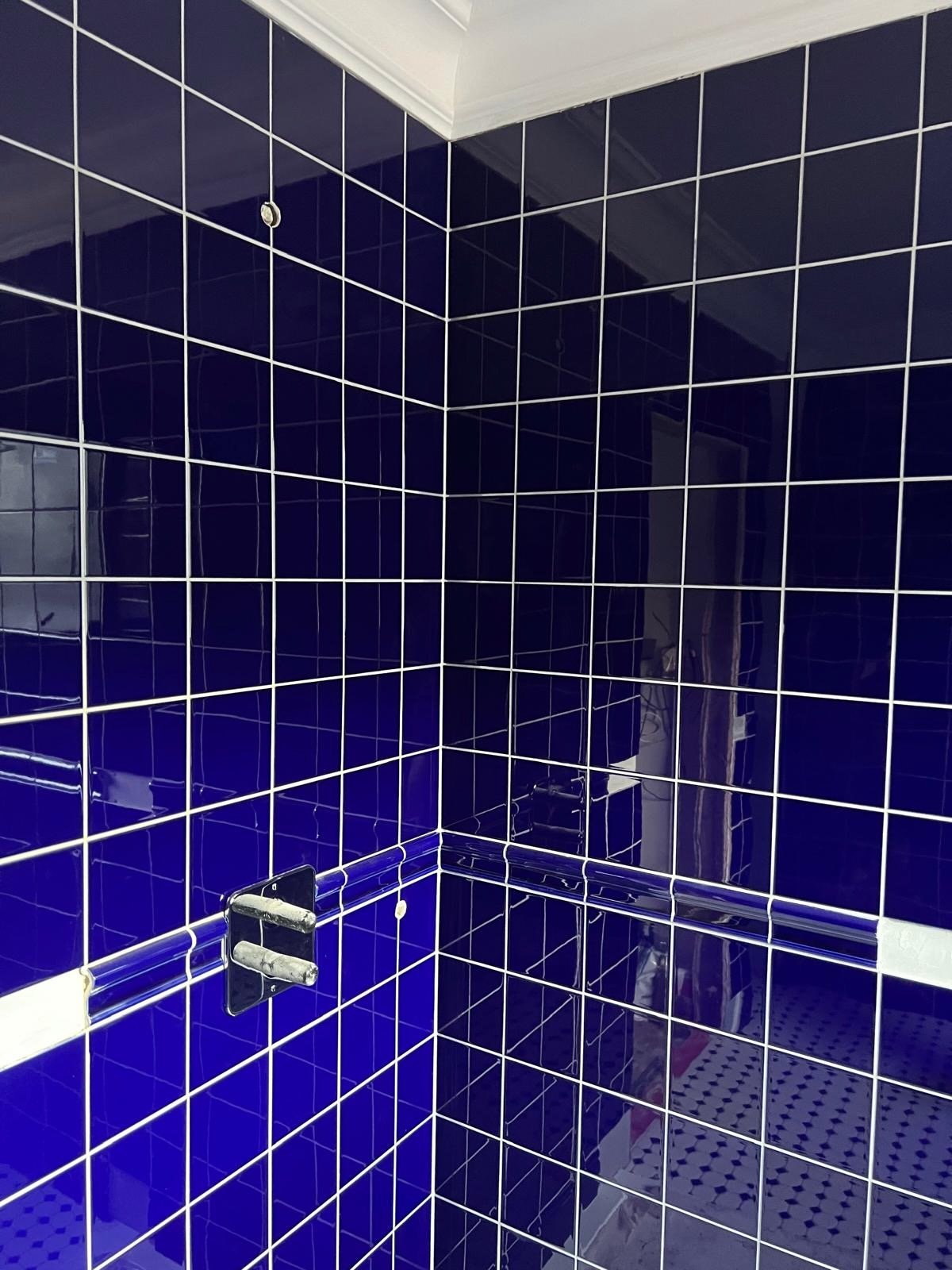 A corner of a shower with dark blue tiled walls and a metal grab bar.
