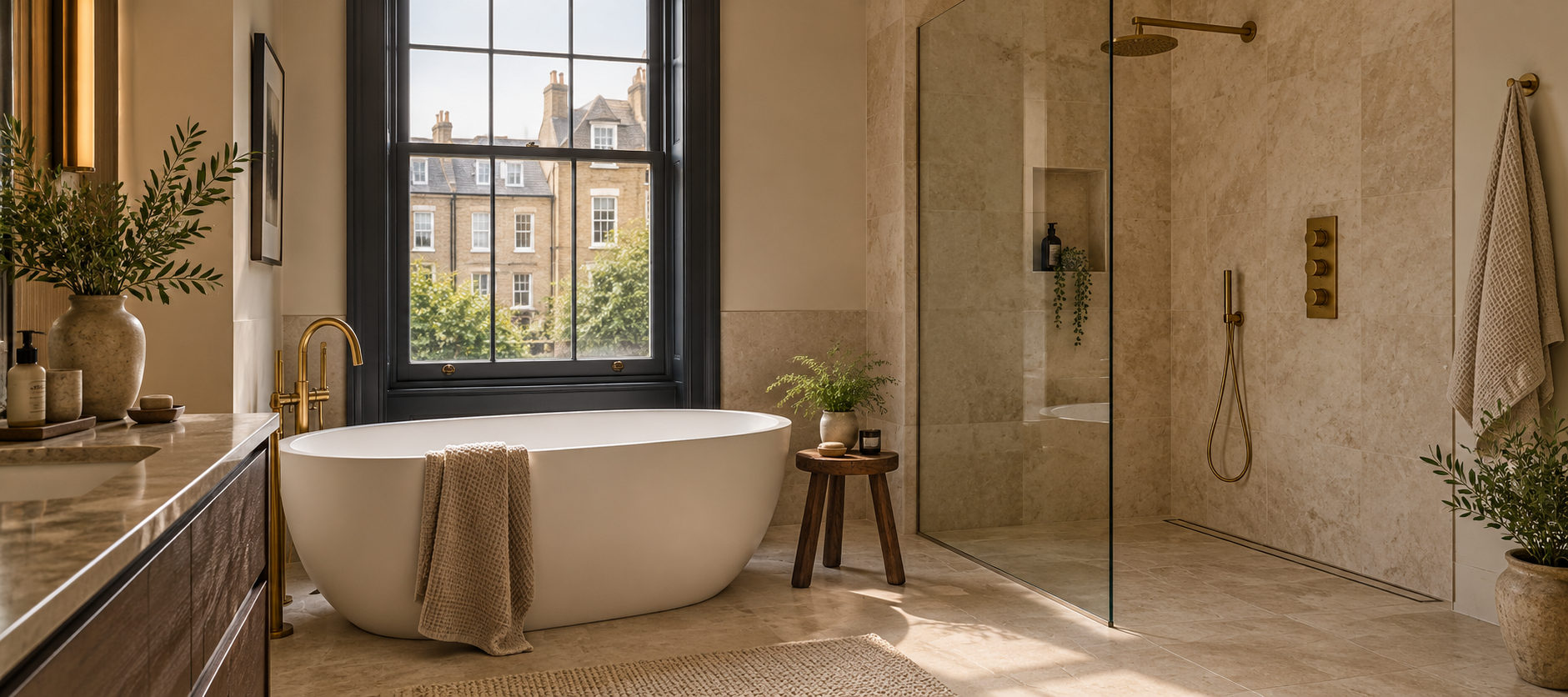 Bathroom with a freestanding bath, walk-in shower and brass fittings