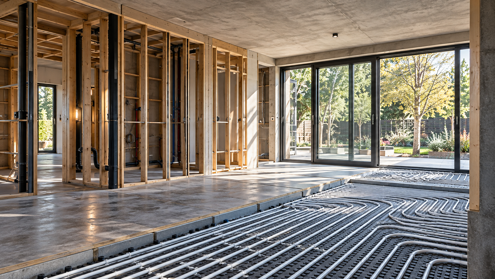 Residential construction interior showing structural framing, floor build-up and concealed systems before final finishes
