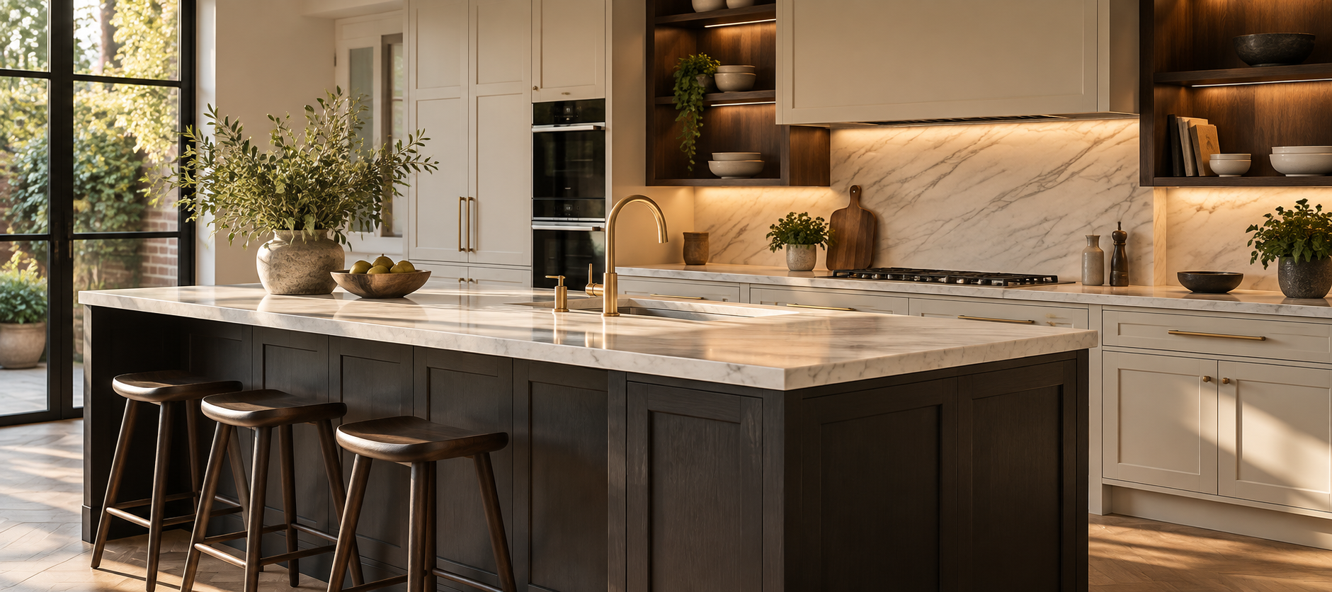 Kitchen island with an inset sink and brass mixer tap