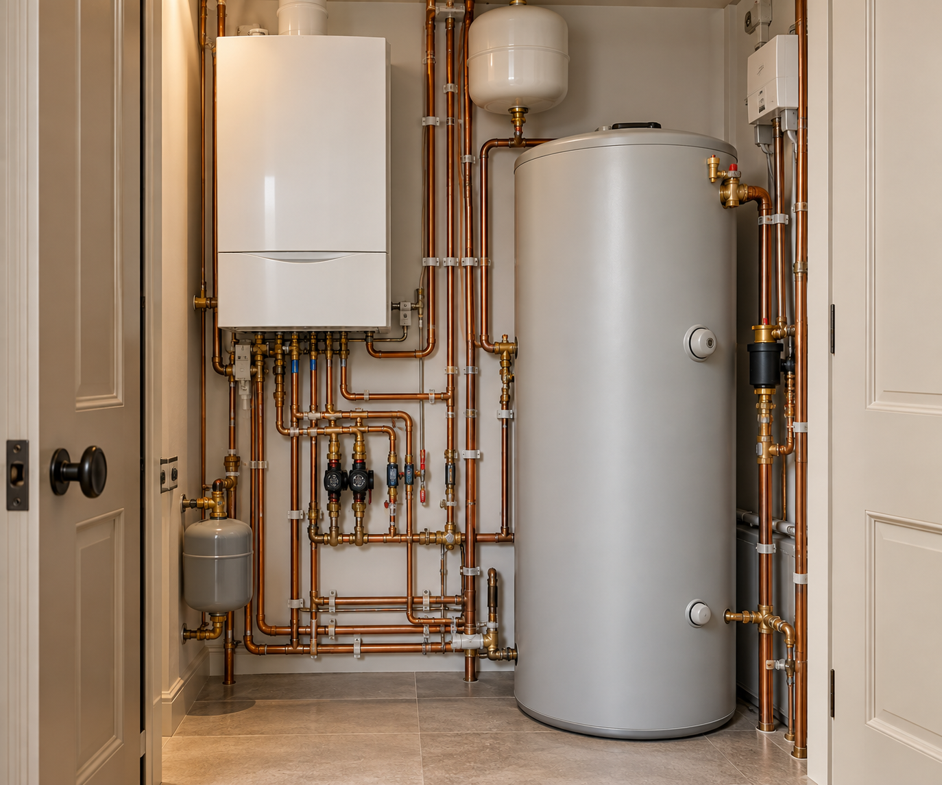 Boiler and hot water cylinder with copper pipework inside a service cupboard