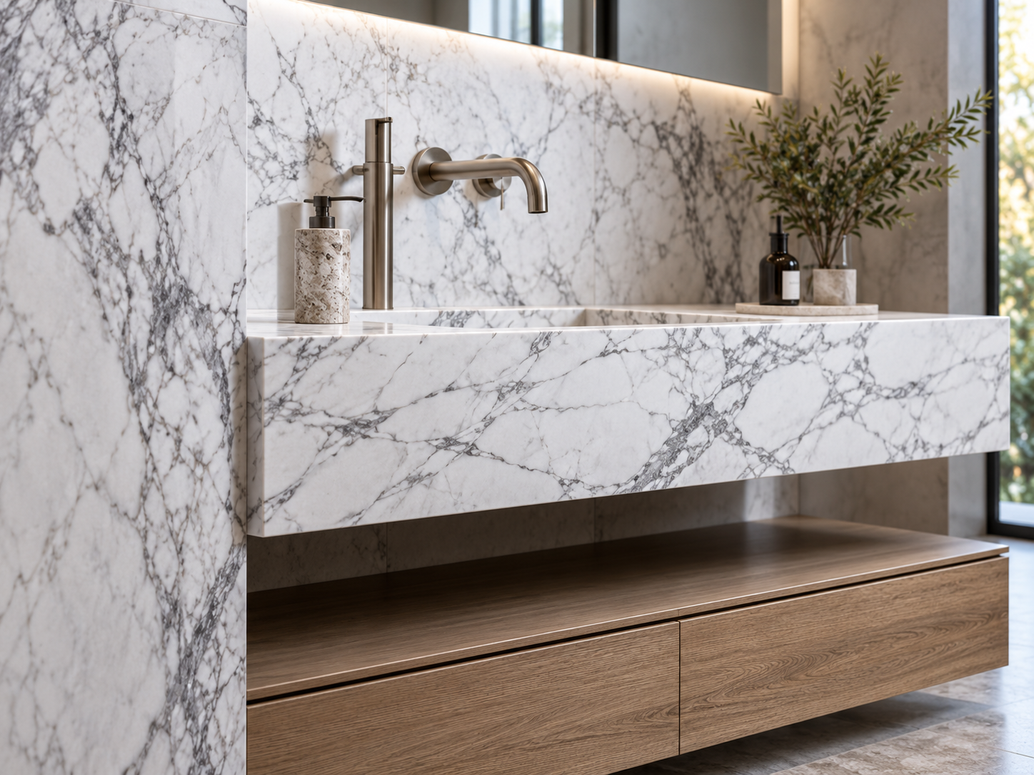 Precision stone and joinery detailing within a high-end residential interior