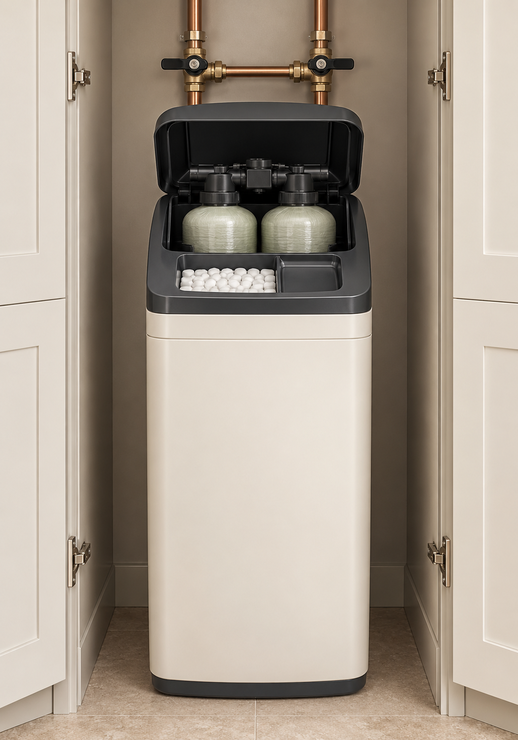 Twin-cylinder water softener with a salt compartment inside a utility cupboard