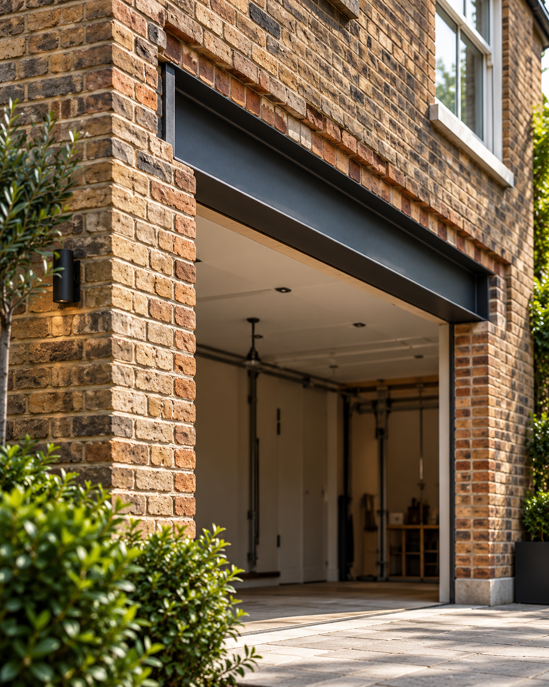 Structural opening in brickwork with installed steel support beam