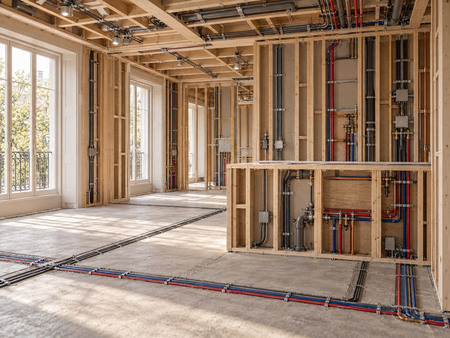 Structural steel beams and timber framing during a London house refurbishment