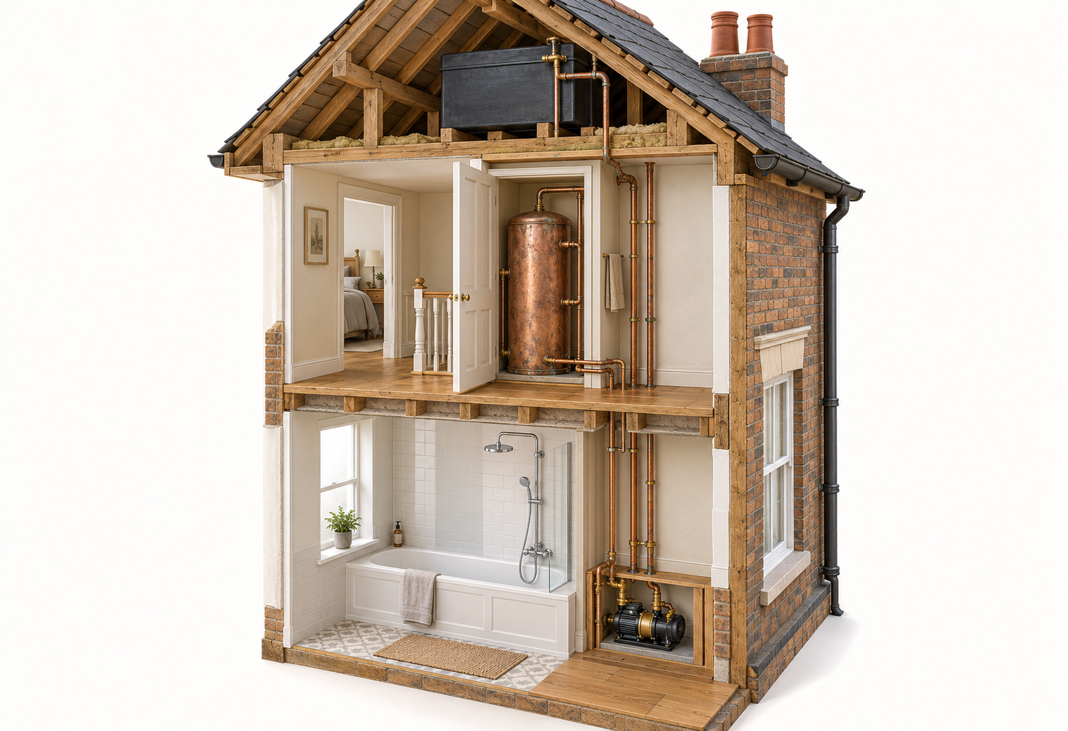 Diagram of a traditional gravity-fed plumbing system with a cold water tank and vented cylinder