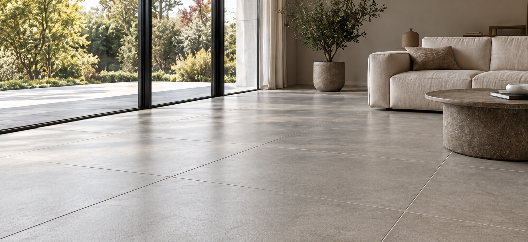 Large-format porcelain floor tiles in a contemporary residential interior