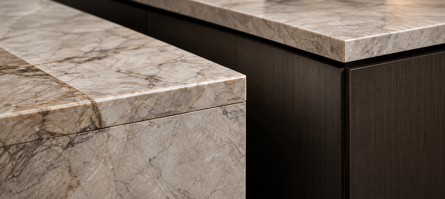 Natural stone kitchen worktop installed over dark bespoke cabinetry