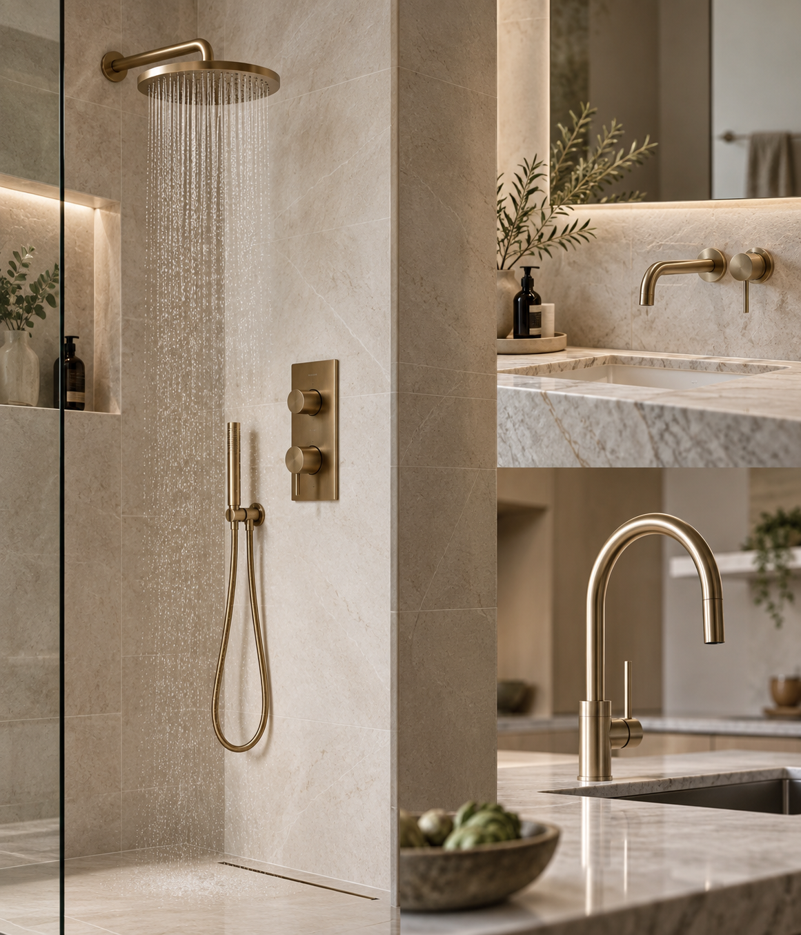 Stone bathroom finishes with brass fixtures