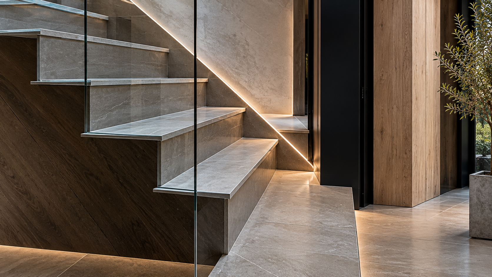 Contemporary staircase detail illustrating the integration of existing and new construction within a residential project.
