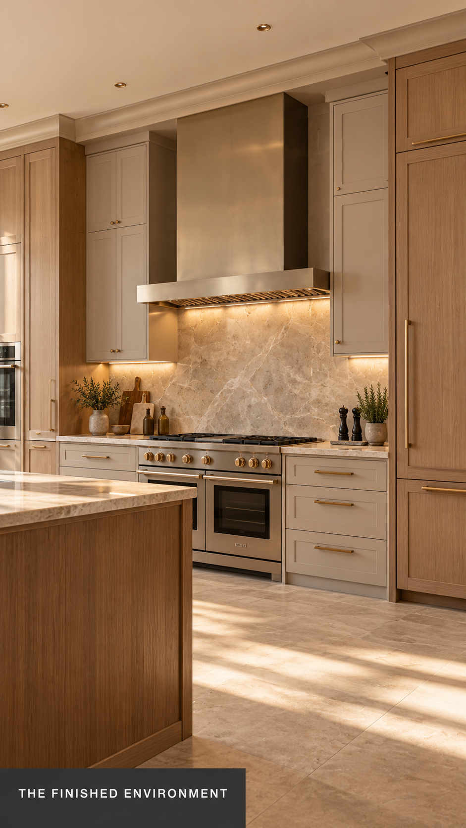 Completed luxury kitchen interior with bespoke cabinetry, stone worktops and warm lighting