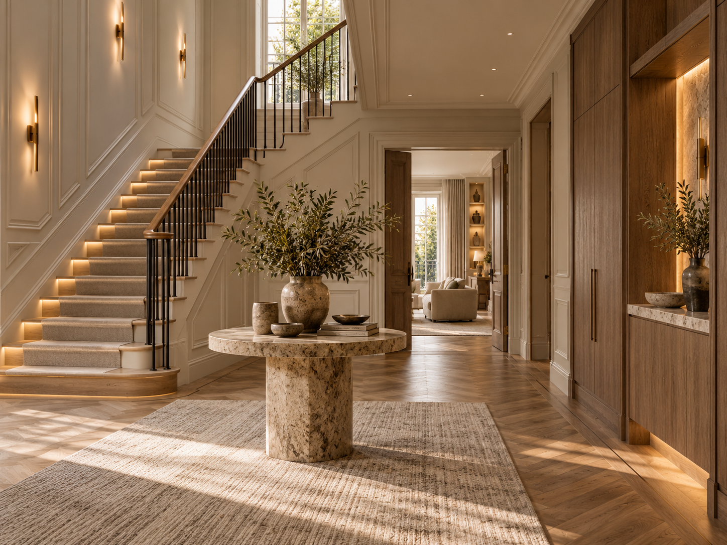 Bespoke staircase joinery, timber flooring and integrated lighting in a refurbished London home