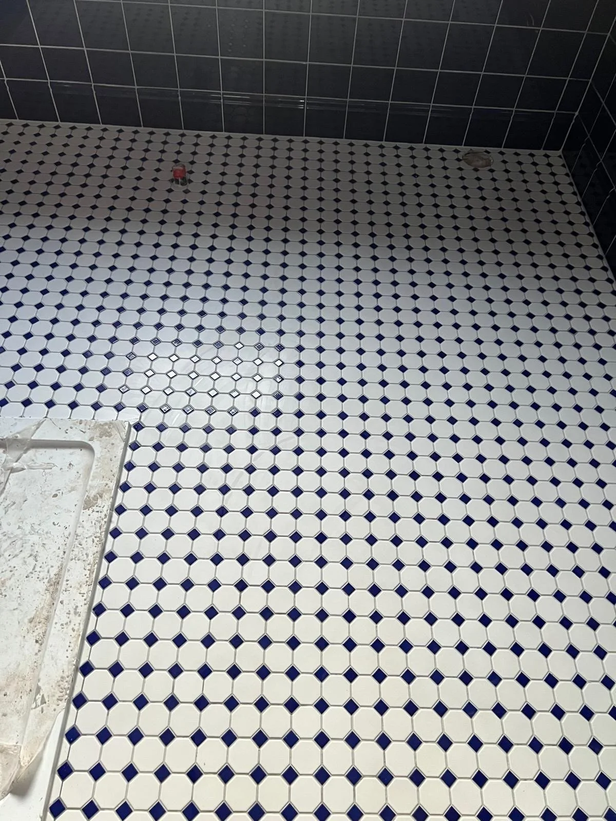 Bathroom with white and navy blue hexagonal and octagonal tile floor, navy blue tiled walls, and a partial view of a concrete shower or bathtub with a soap dish.