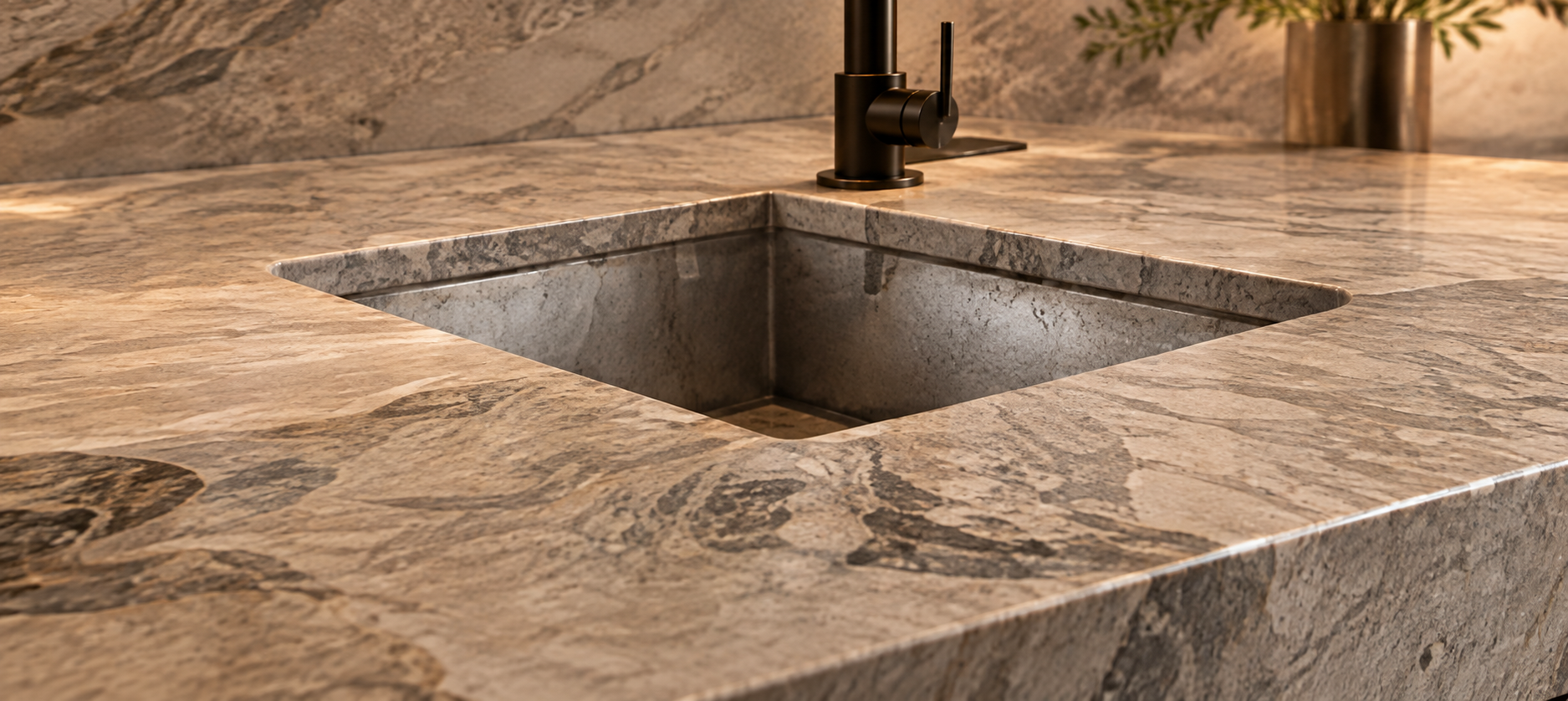 Natural stone kitchen worktop with integrated sink and precision finished edges