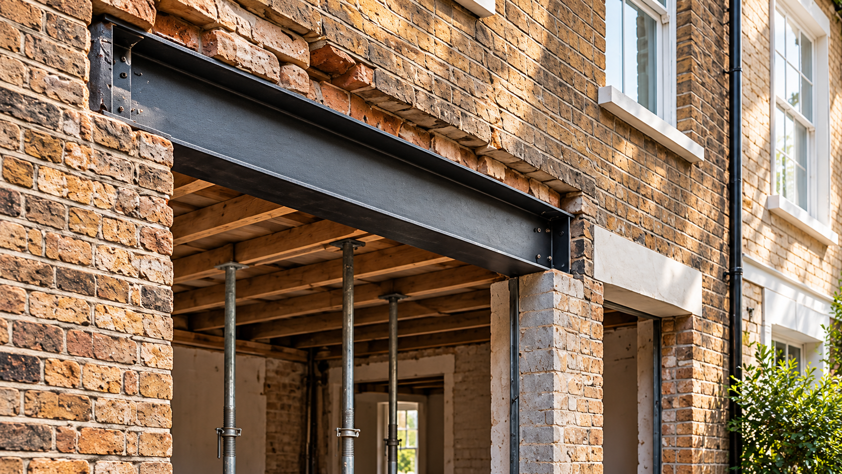 Structural alteration to a London brick property with steel beam and temporary supports
