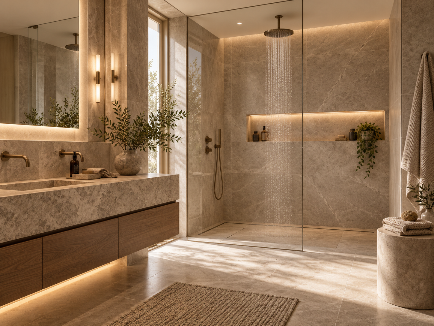 Contemporary walk-in shower with greige porcelain tiles, frameless glass and brushed brass fittings