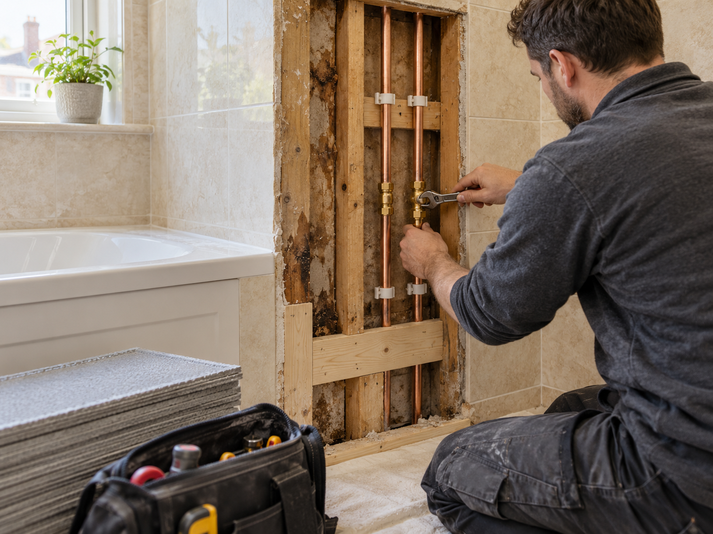 Plumber repairing exposed copper pipework inside a water-damaged bathroom wall.