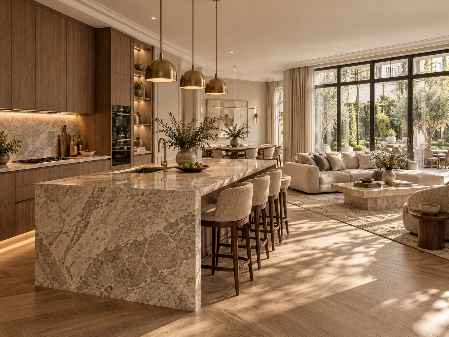 Open-plan kitchen with natural stone island, warm timber cabinetry and adjoining living area