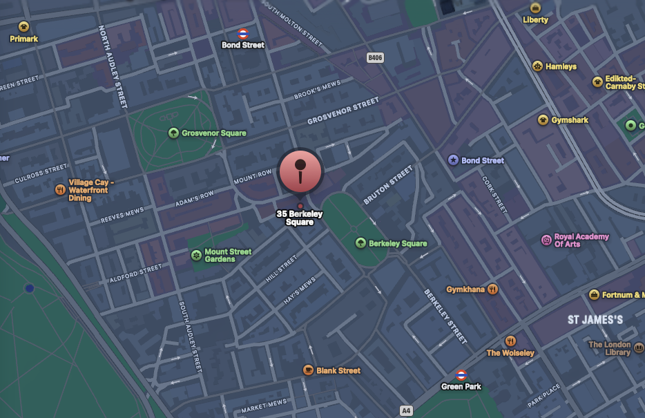 The Flush Royale location at 35 Berkeley Square, Mayfair, London
