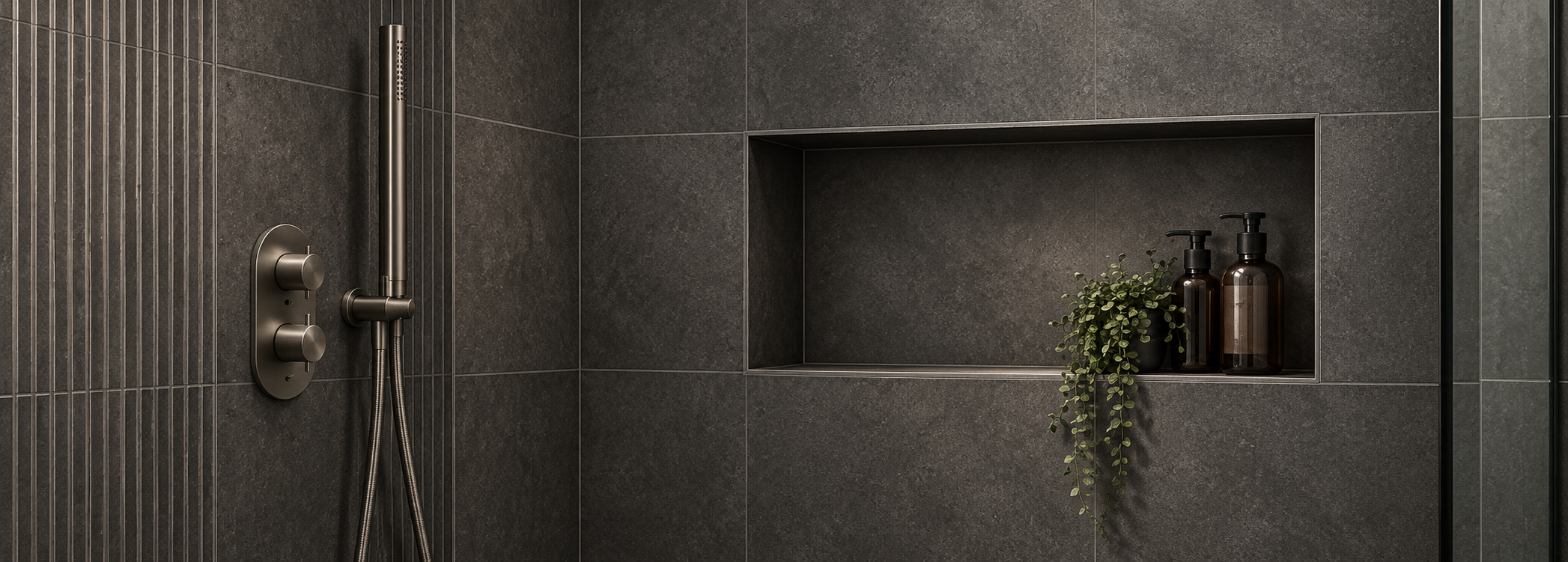 Graphite porcelain shower wall with integrated tiled recessed niche