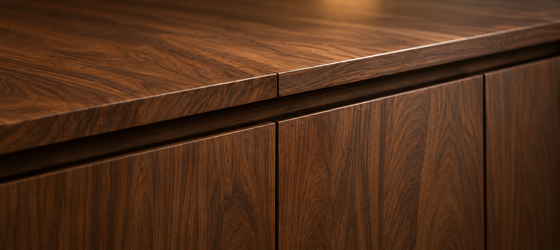 Precision walnut kitchen cabinetry showing aligned doors and drawer detailing